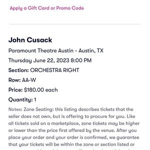 JOHN CUSACK TOUR AUSTIN STOP ON JUNE 22 at the paramount in Austin $257.00